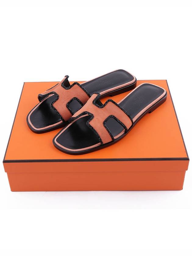 Hermes Glass Crystal Around Oran Suede Sandals Orange