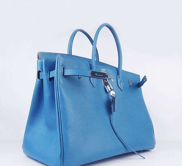 Hermes Birkin 35cm Togo Leather Handbags 6099 Blue Silver