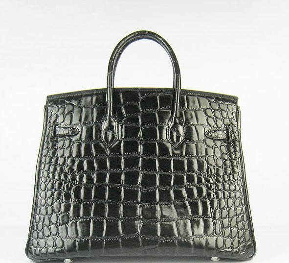 Hermes Birkin 35cm Crocodile Big Veins Handbags Black Silver