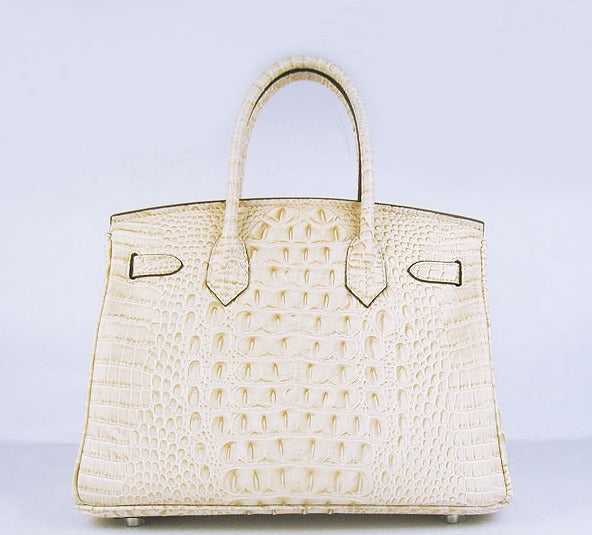 Hermes Birkin 30cm Crocodile Head Vein Handbags Beige Silver