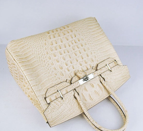 Hermes Birkin 35cm Crocodile Head Veins Handbags Beige Silver