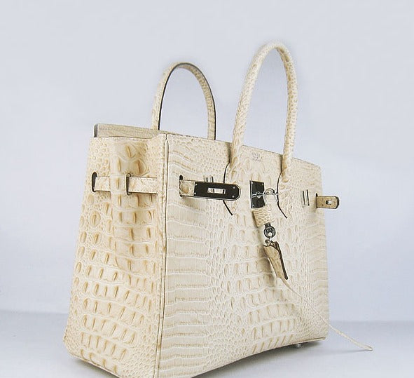 Hermes Birkin 35cm Crocodile Head Veins Handbags Beige Silver