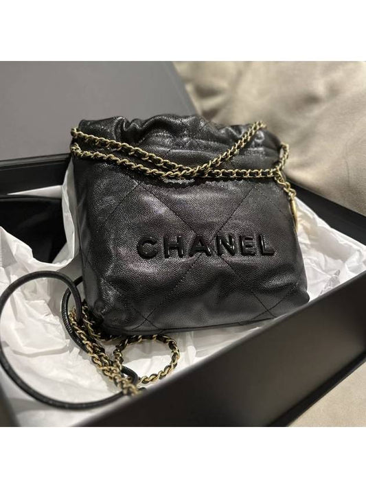 22 Mini Chain Bag Shiny Calfskin All Black AS3980