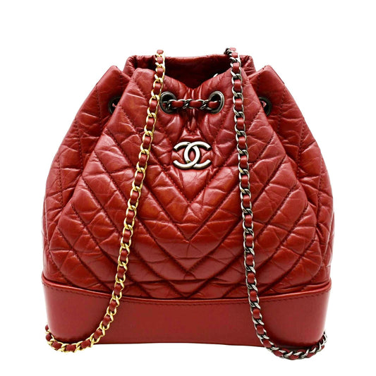 CHANEL Gabrielle Chevron Aged Calfskin Leather Backpack Bag Red