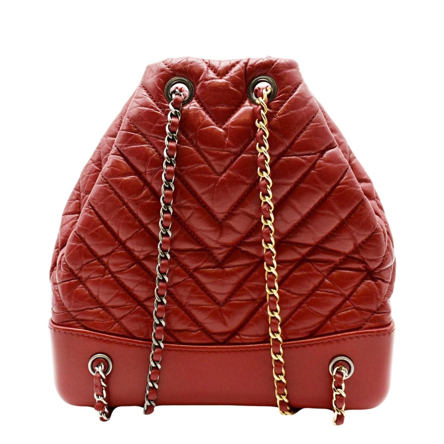 CHANEL Gabrielle Chevron Aged Calfskin Leather Backpack Bag Red