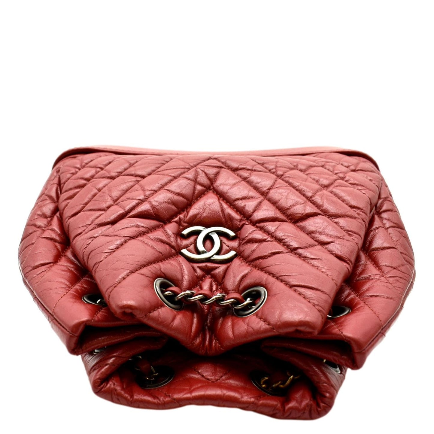 CHANEL Gabrielle Chevron Aged Calfskin Leather Backpack Bag Red