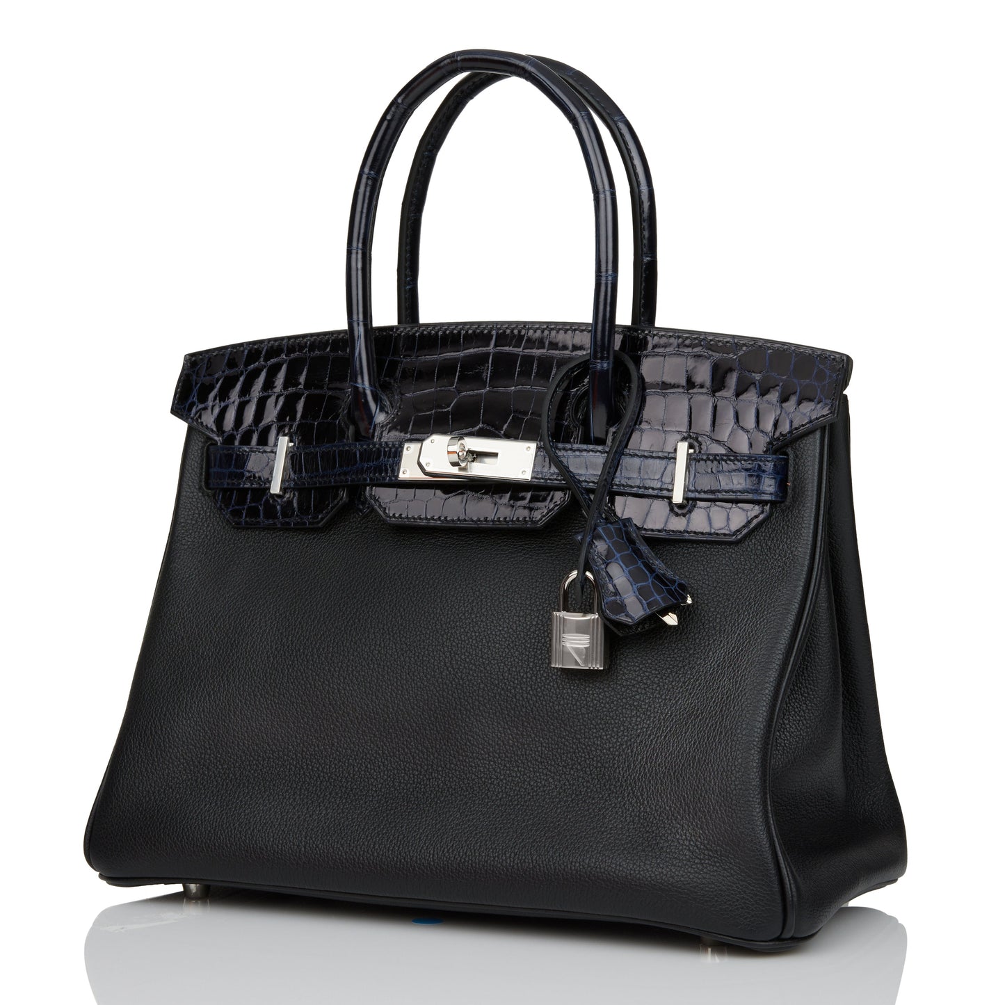 Hermes Birkin 30 Bleu Marine Shiny Niloticus Crocodile and Black Novillo Touch Palladium Hardware