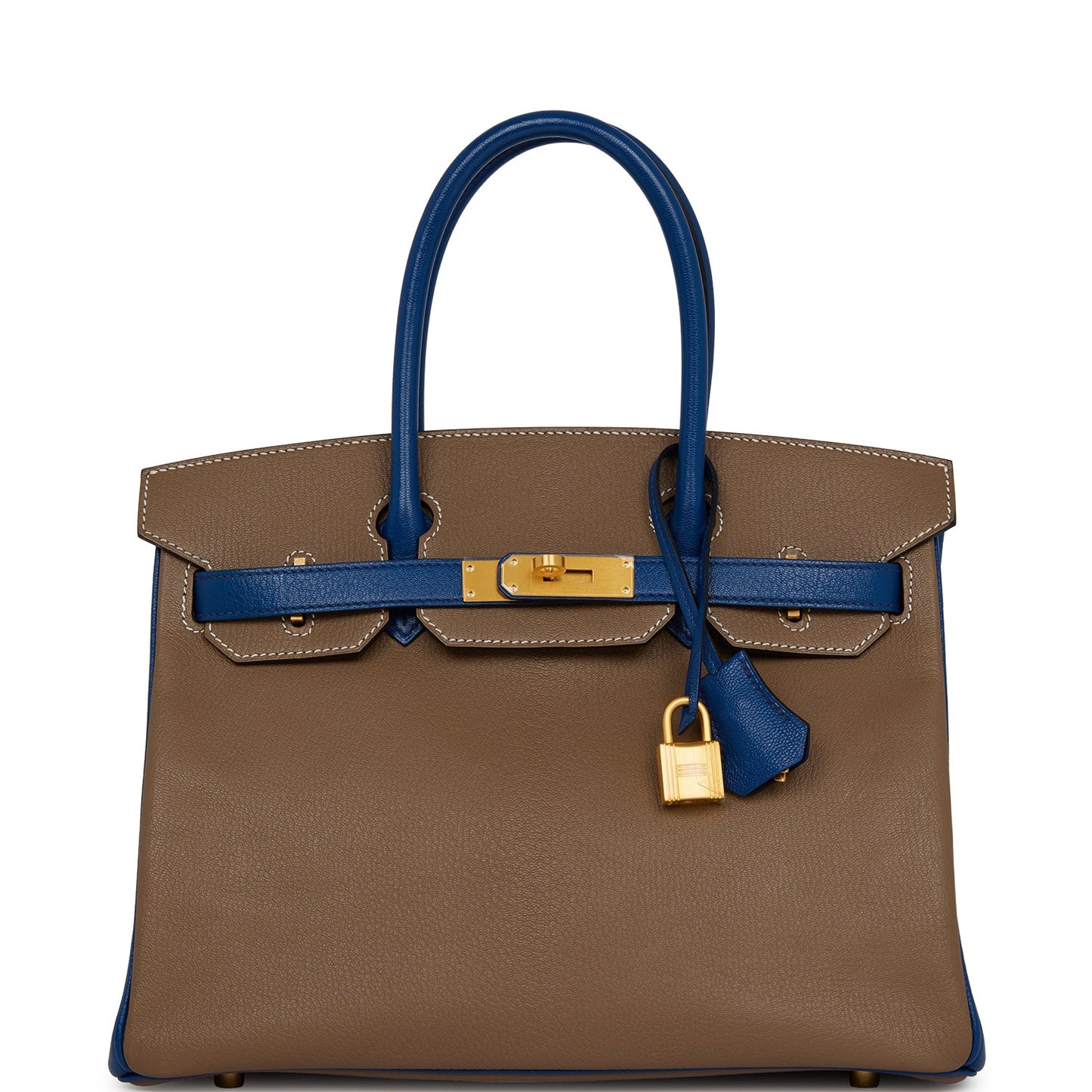 Hermes Special Order (HSS) Birkin 30 Etoupe and Bleu Saphire Chevre Brushed Gold Hardware