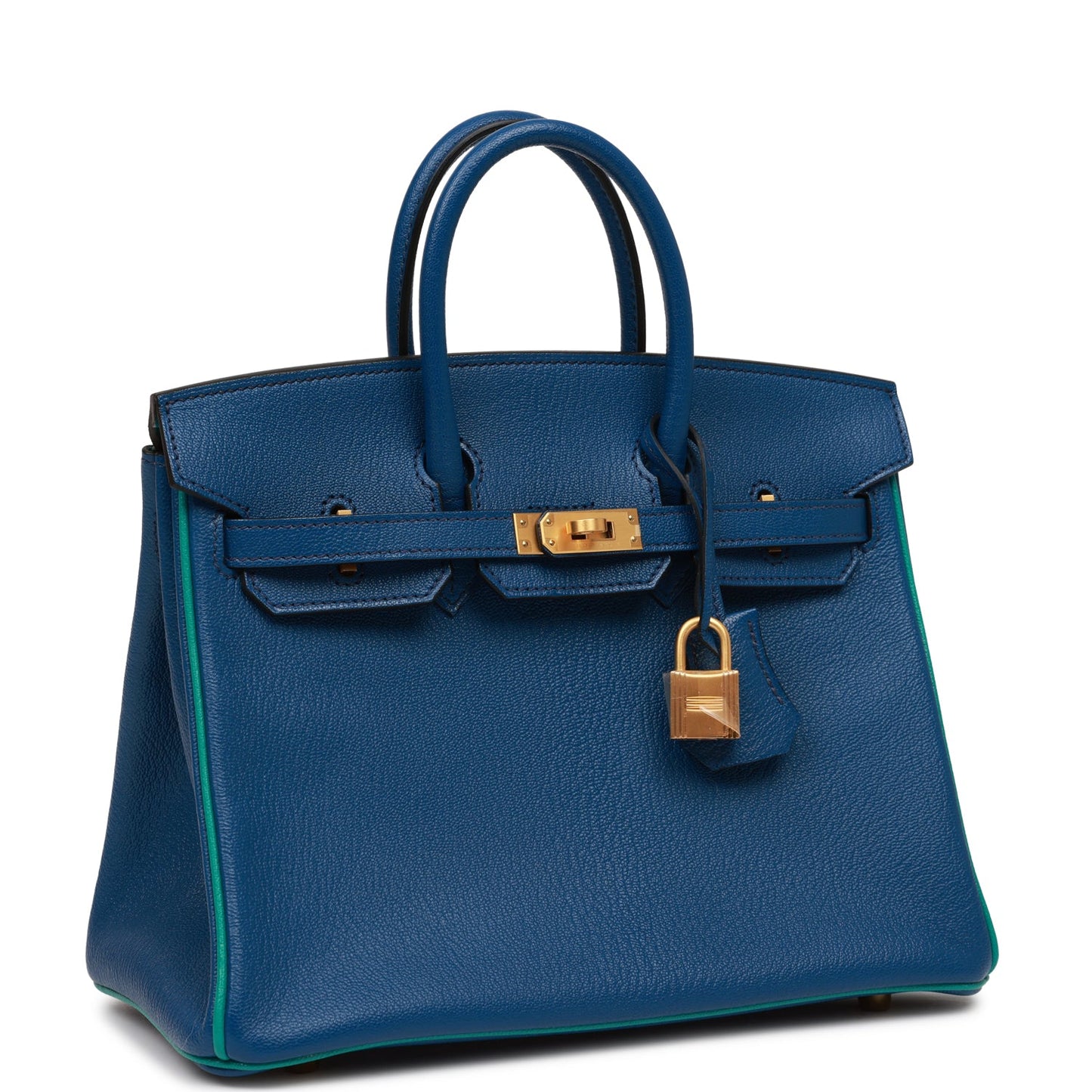 Hermes Special Order (HSS) Birkin 25 Bleu Saphir and Vert Vertigo Chevre Brushed Gold Hardware