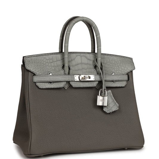 Hermes Birkin 25 Gris Meyer Togo and Gris Ciment Matte Alligator Touch Palladium Hardware