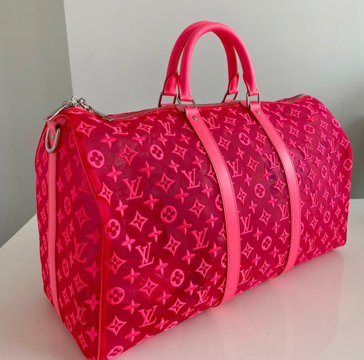 Louis Vuitton Keepall 50 Bandouliere Mesh Monogram Pink