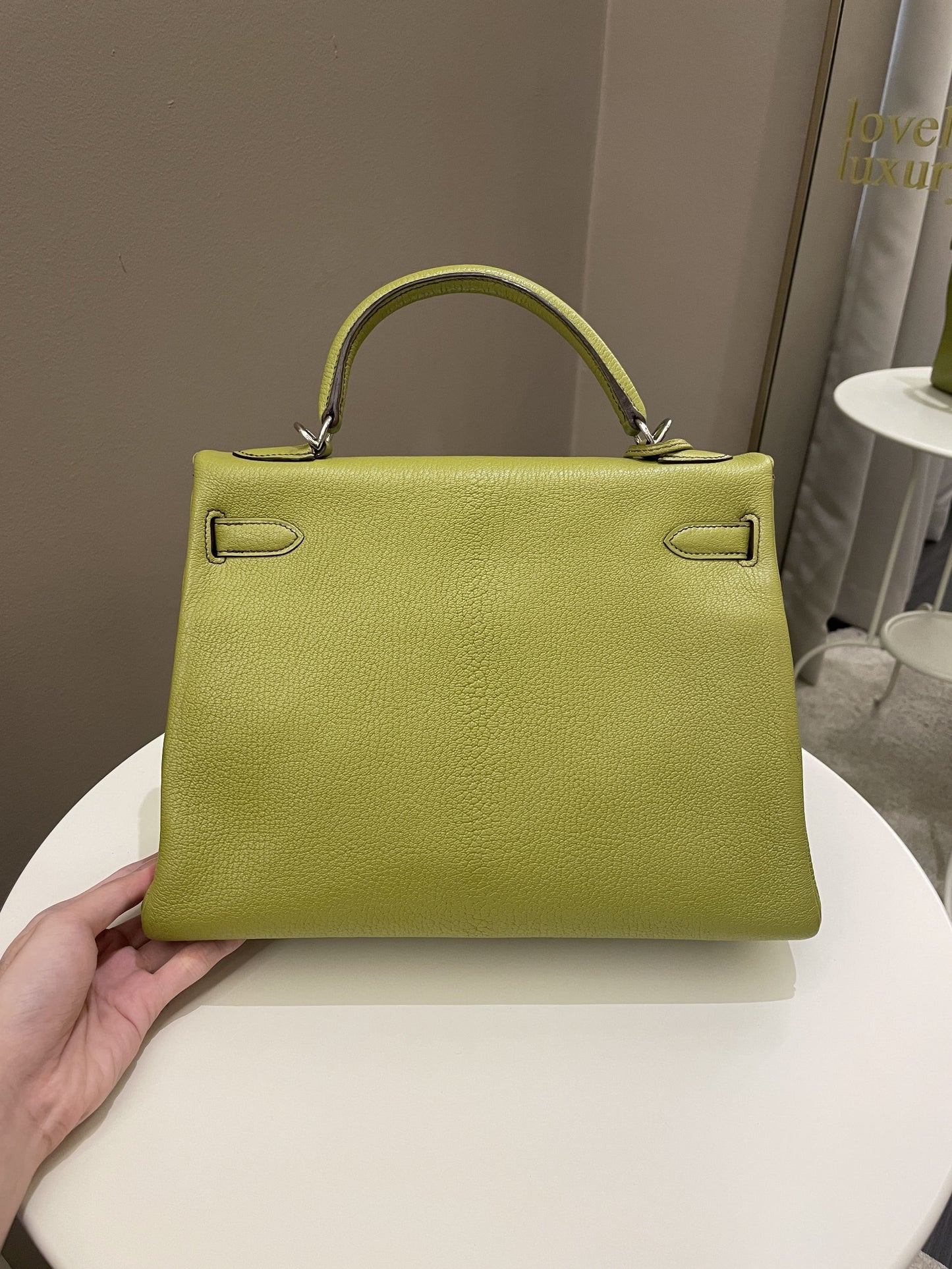 Hermes Kelly Retourne 32 Vert Anis Chèvre