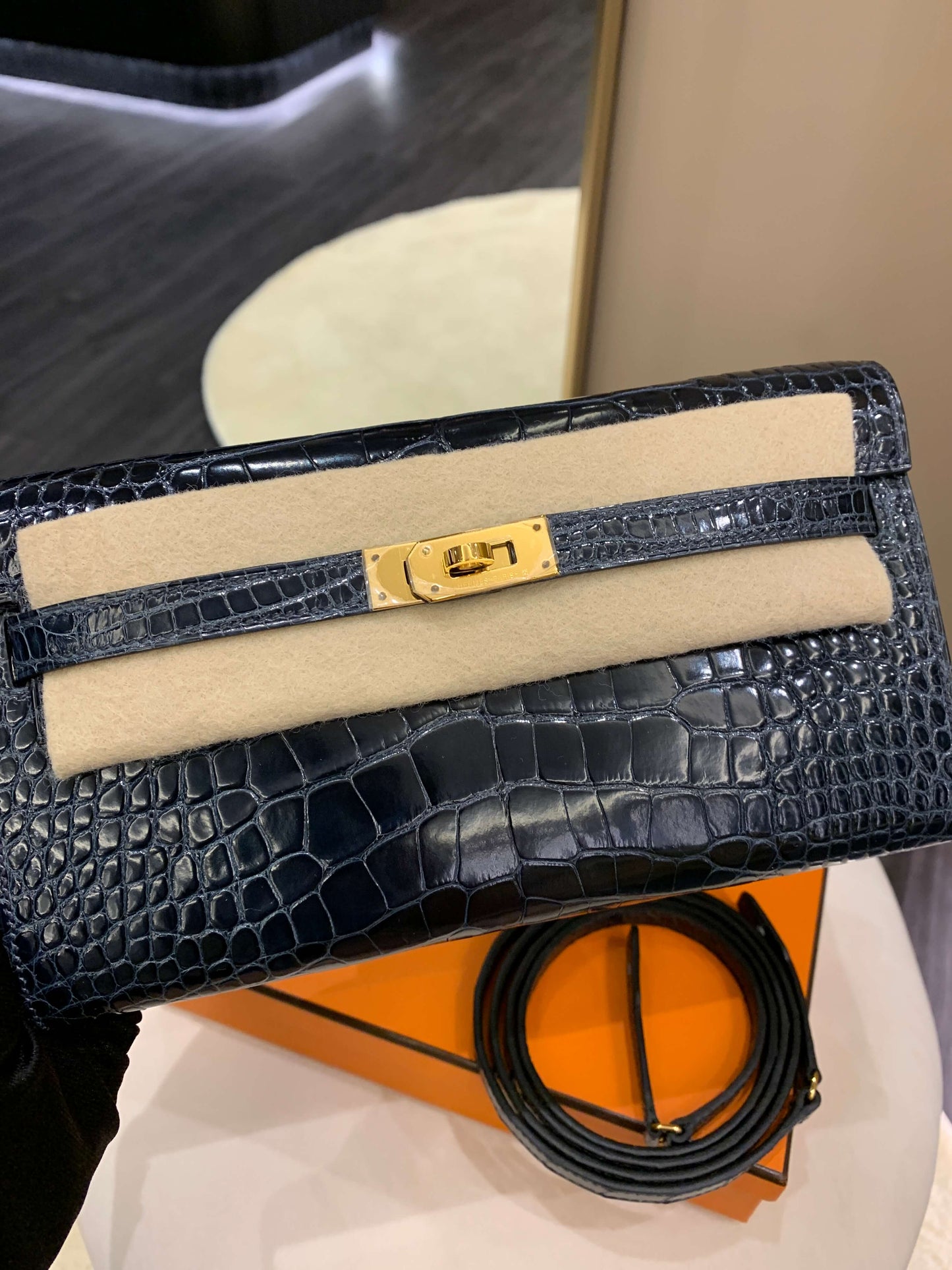 Hermes Kelly To Go Bleu Baltique Alligator