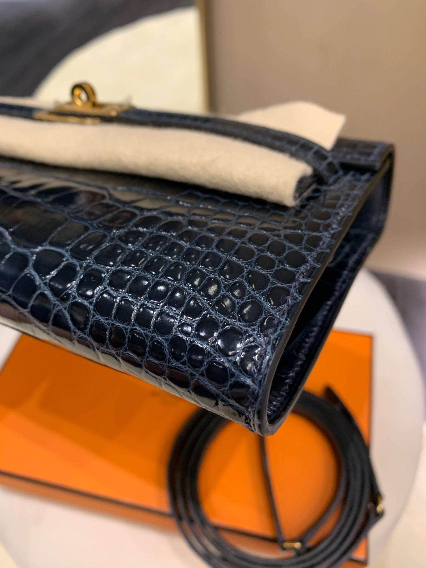 Hermes Kelly To Go Bleu Baltique Alligator