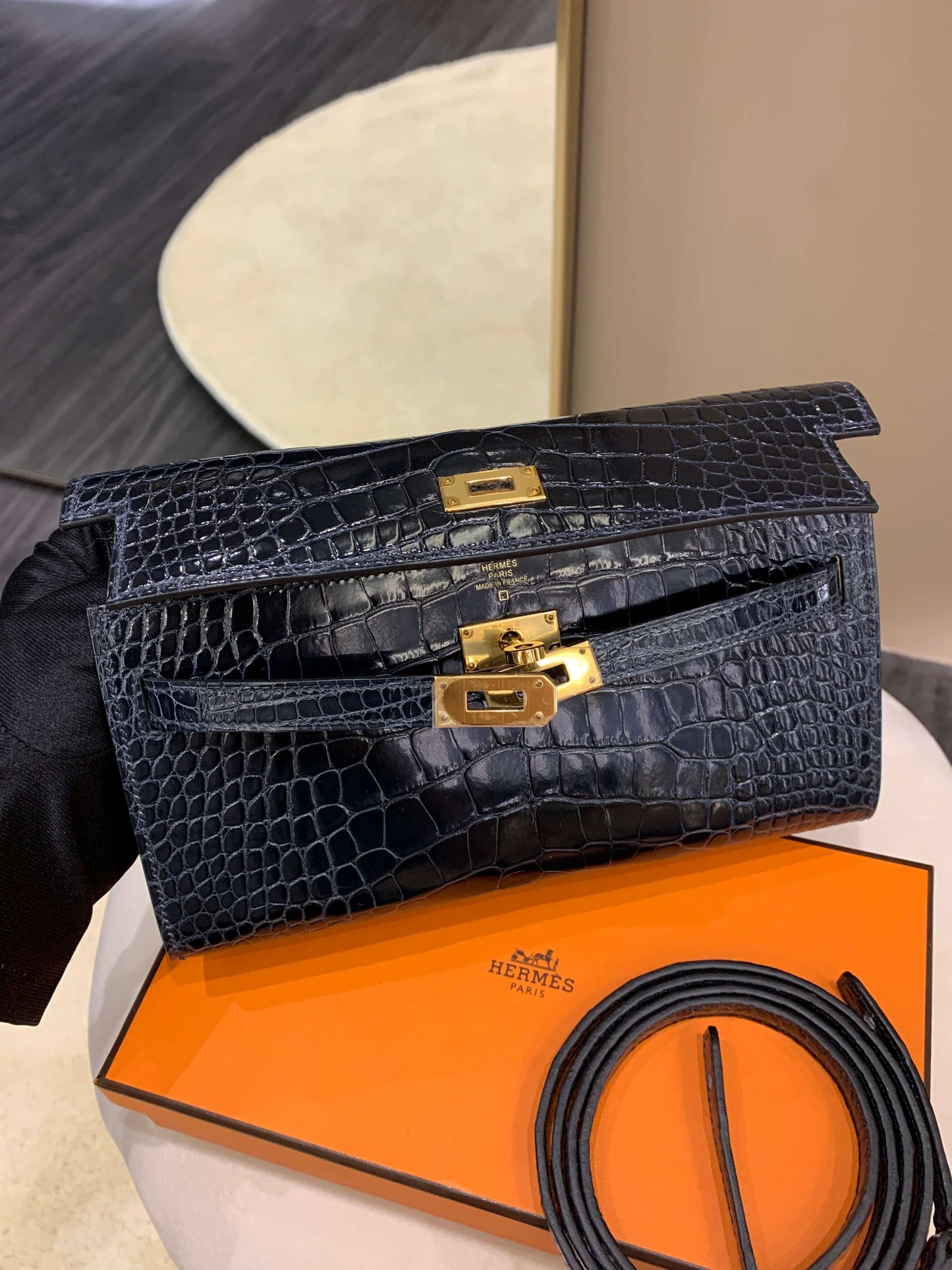 Hermes Kelly To Go Bleu Baltique Alligator