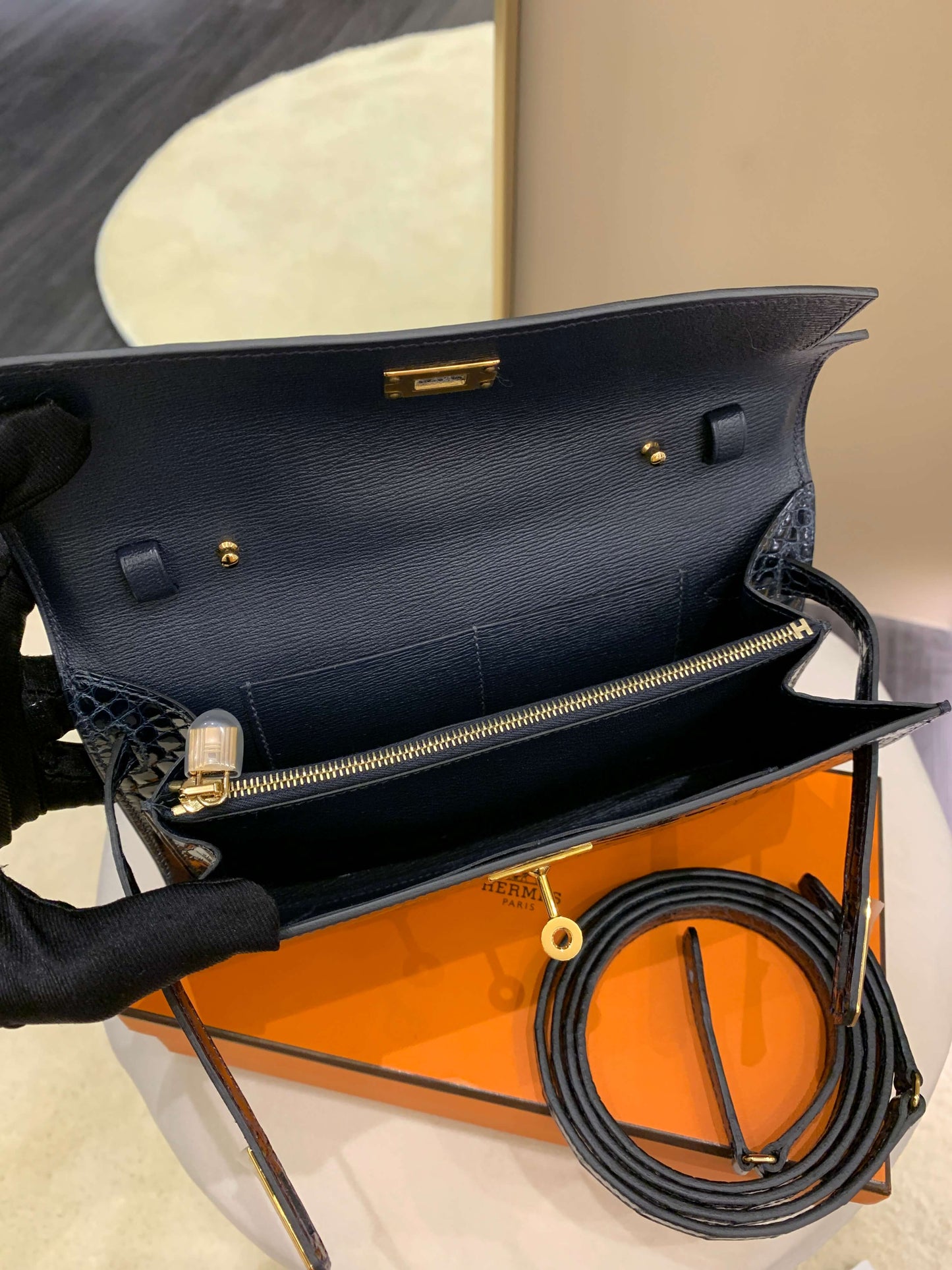 Hermes Kelly To Go Bleu Baltique Alligator