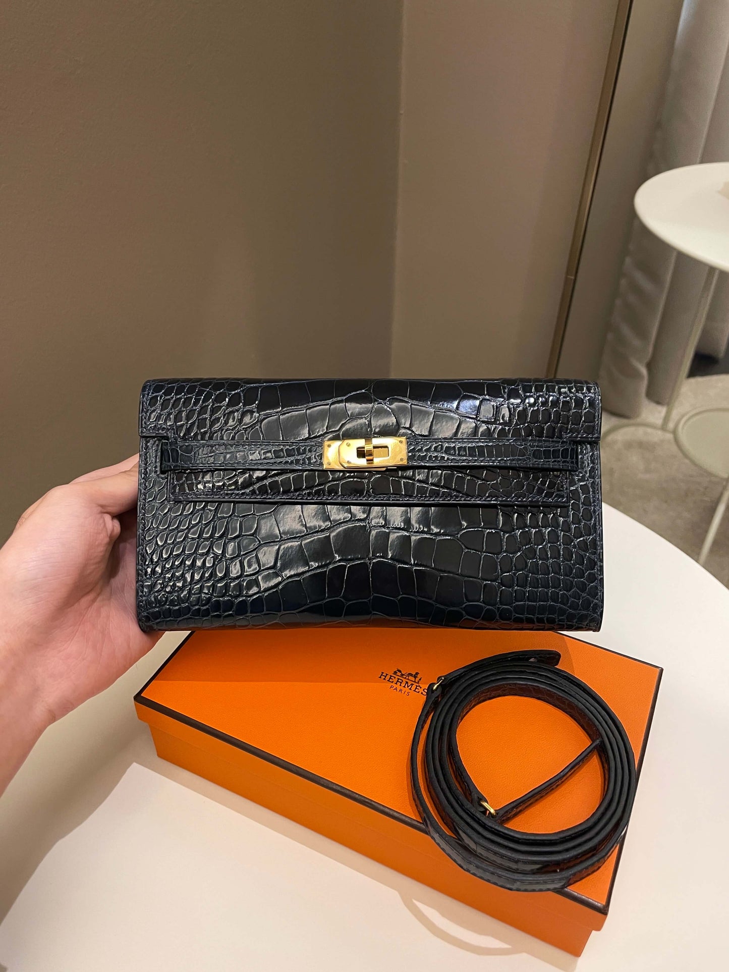 Hermes Kelly To Go Bleu Baltique Alligator