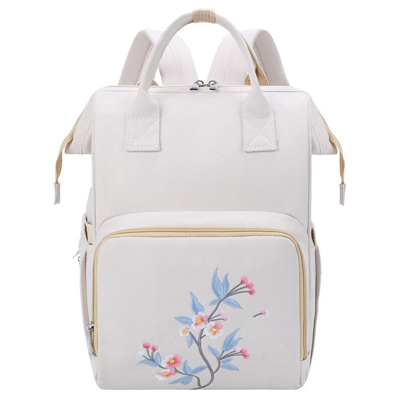 Large Capacity Diaper Backpack With Flower Embroidery