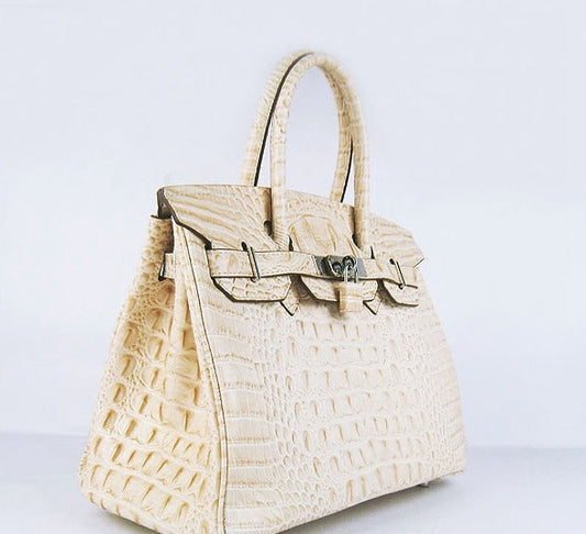 Hermes Birkin 30cm Crocodile Head Vein Handbags Beige Silver