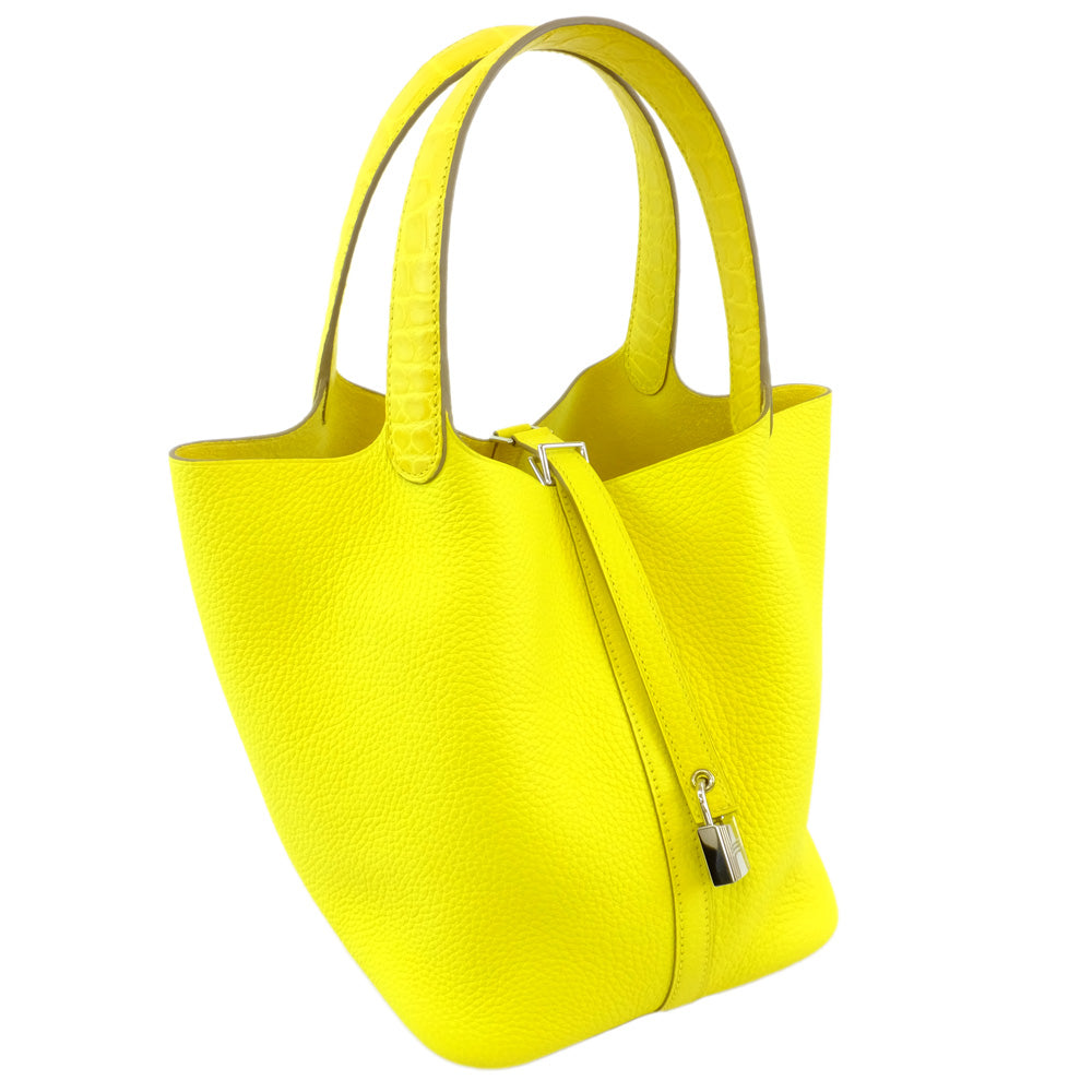 HERMES Hermes Picotin Lock  MM Handbag Lime Yellow Silver G   Clemence U Shapes Manufactured  2022 Cadena