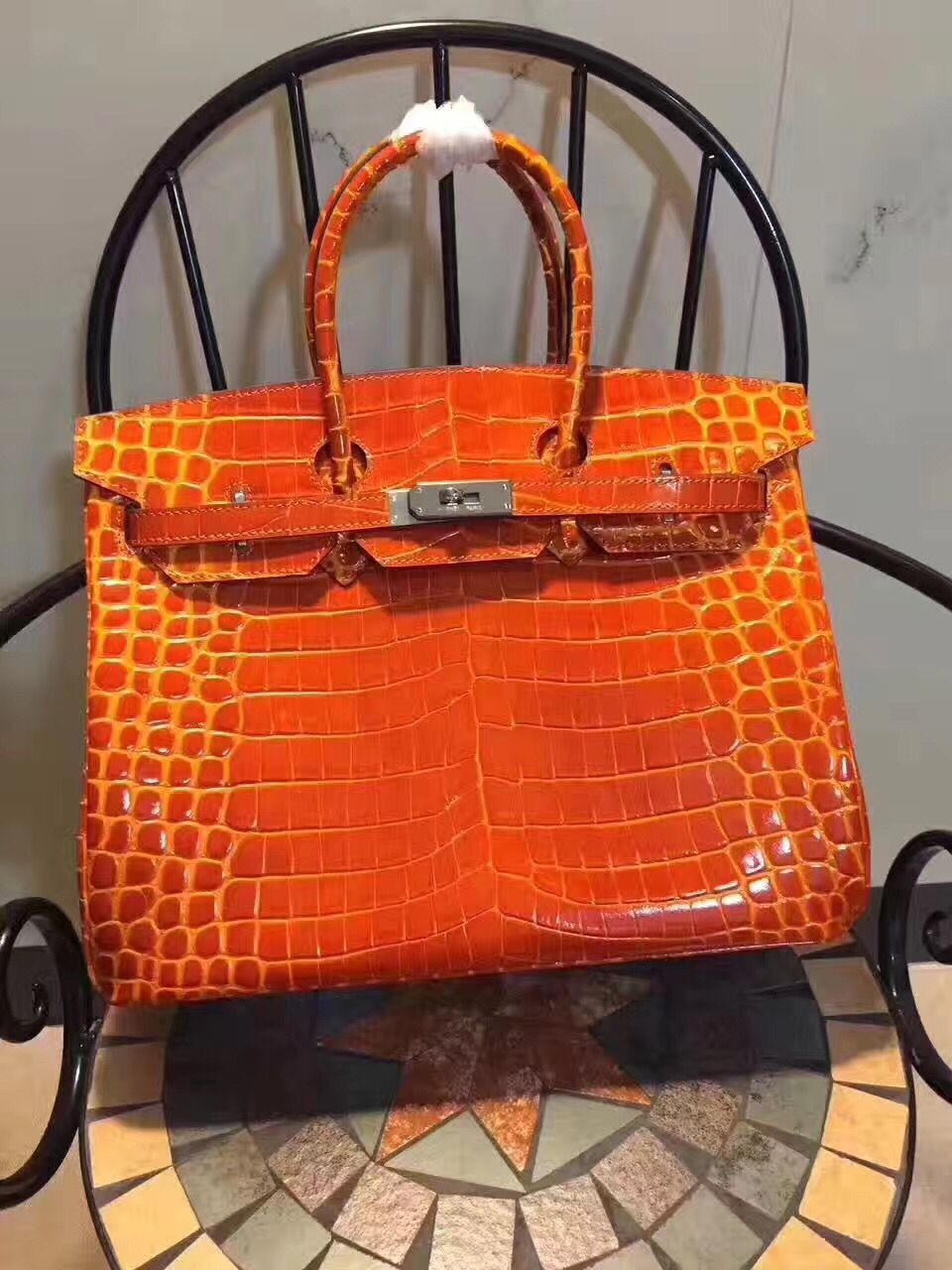 Hermes Birkin 35cm Crocodile Leather Handbag Orange Silver