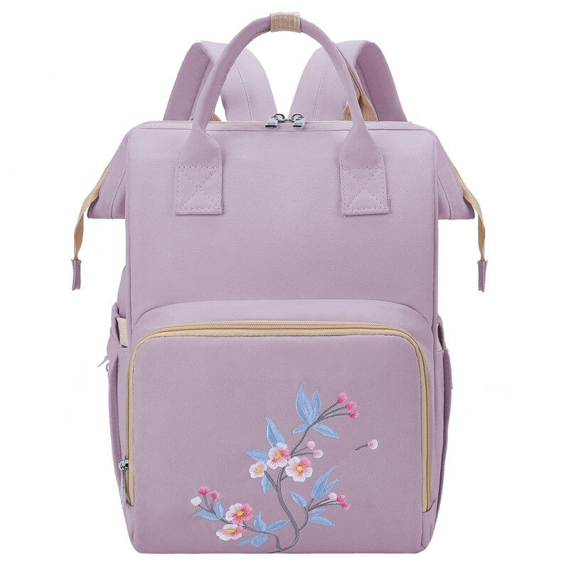 Large Capacity Diaper Backpack With Flower Embroidery